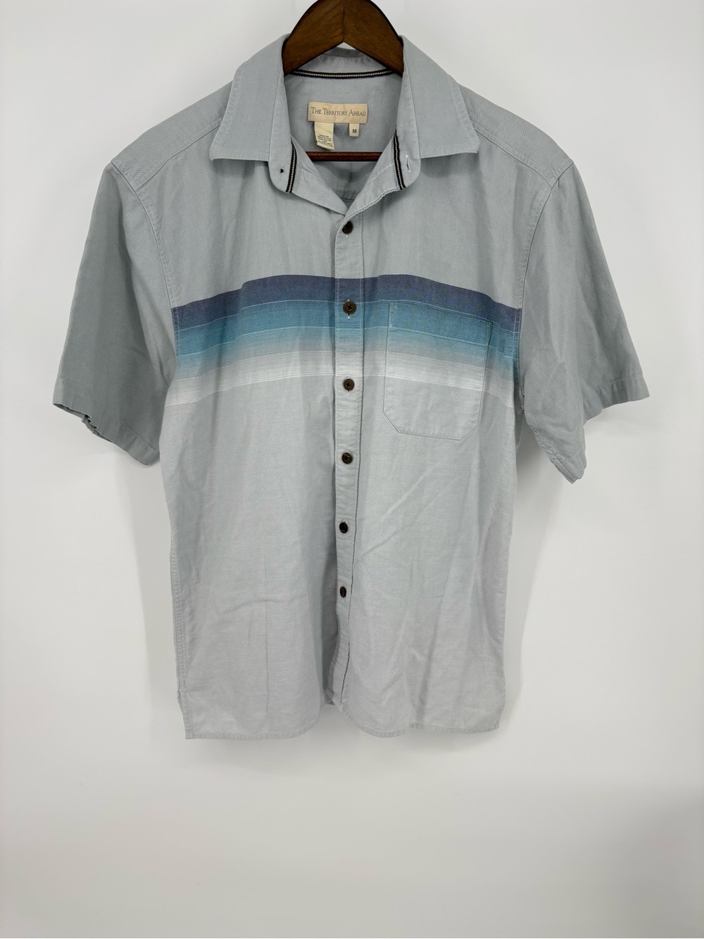 The Territory Ahead Light Gray Short-Sleeve Button-Up with Blue Gradient Stripe